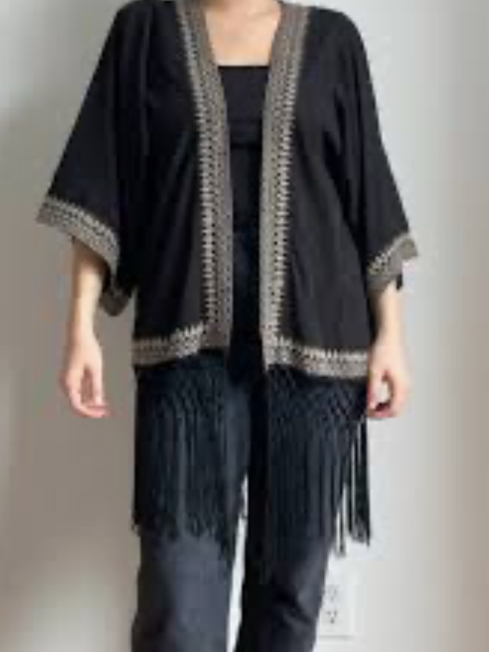 Anthropologie Chloe Oliver Black Fringe Kimono with beige Embroidery